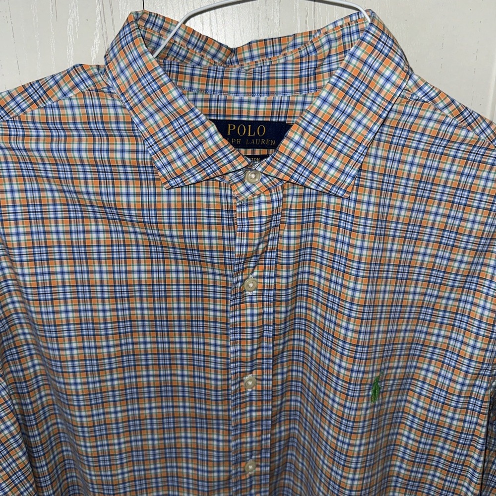 Polo Ralph Lauren Mens Button Down Plaid XL 100%Cotton Stretch Orange Blue